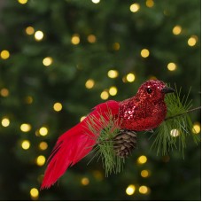 Ornament de Crăciun - pasăre cu sclipici - cu clemă - roșie - 2 buc/pachet