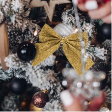Ornament de Crăciun - set fundițe cu sclipici - auriu - 12 buc/pachet